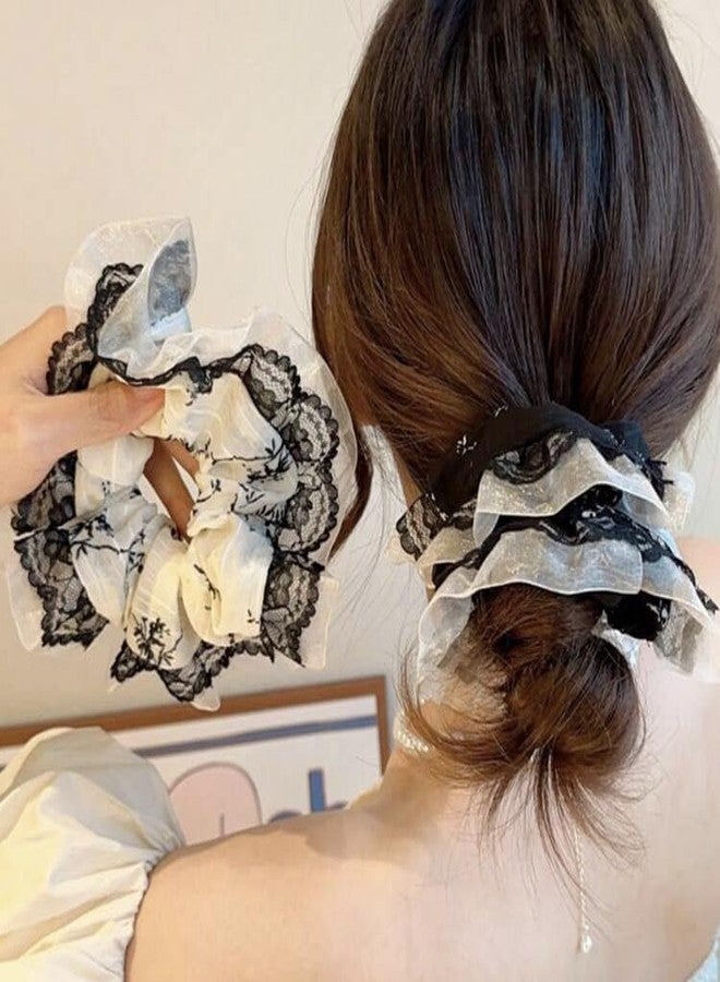 TUCEWP Scrunchies for Women Girls 2Pcs White Black Organza Lace Scrunchies for Long Thick Curly Hair Ultra Soft Hair Bands Large Elegant Scrunchie Cute Ponytail Holders No Damage Elastic Hair Ties - Image 4